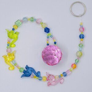 Dinosaur Beaded Suncatcher - Pastel Pink Crystal Prism - Hanging Patio Decor